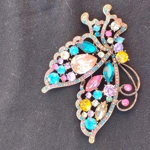 NEW!! Womens Gold Tone Multi Color Rhinestone Butterfly Brooch Pin 3.5" X 2.5"